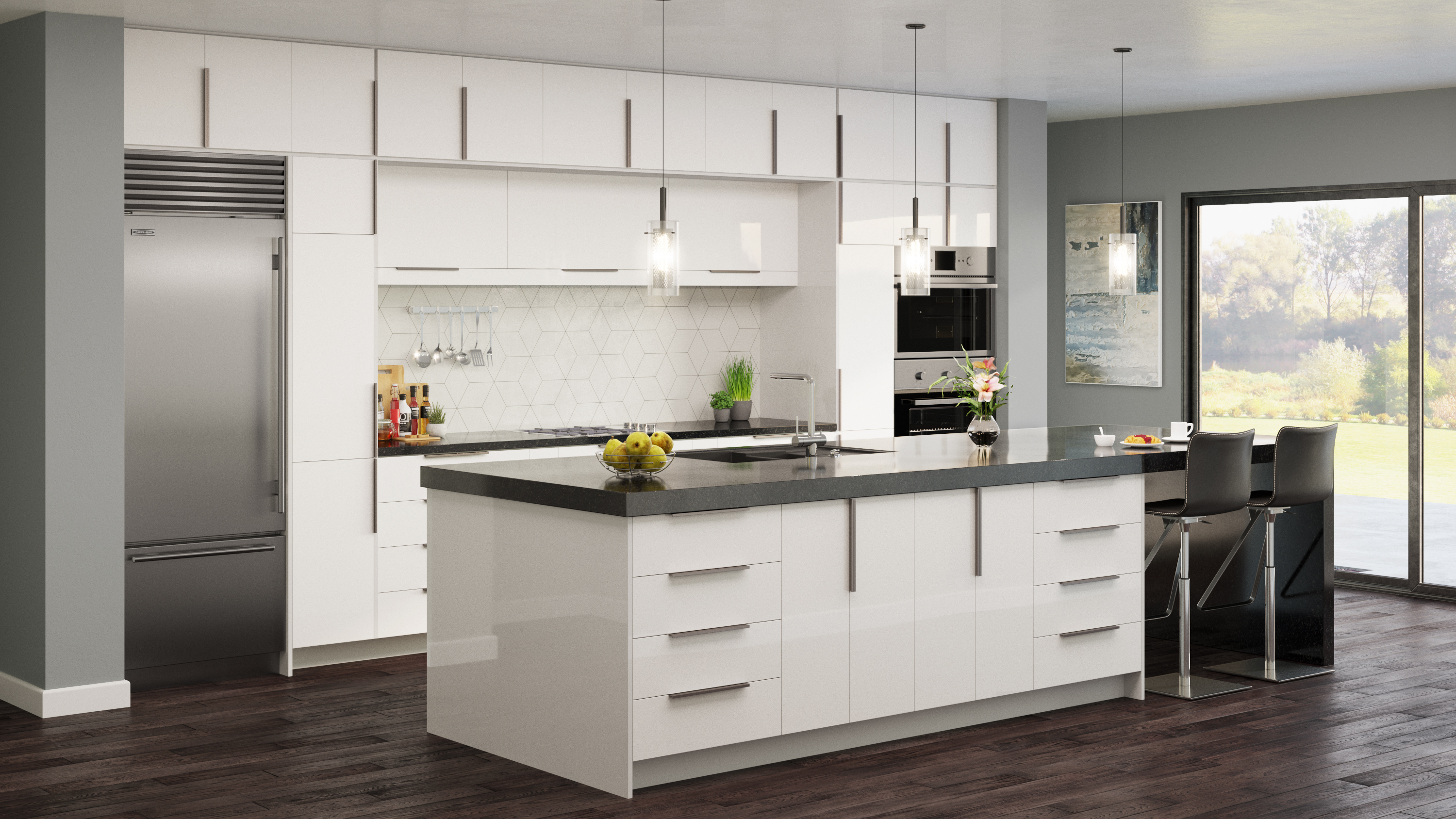 Contemporary white slab-front frameless kitchen cabinets