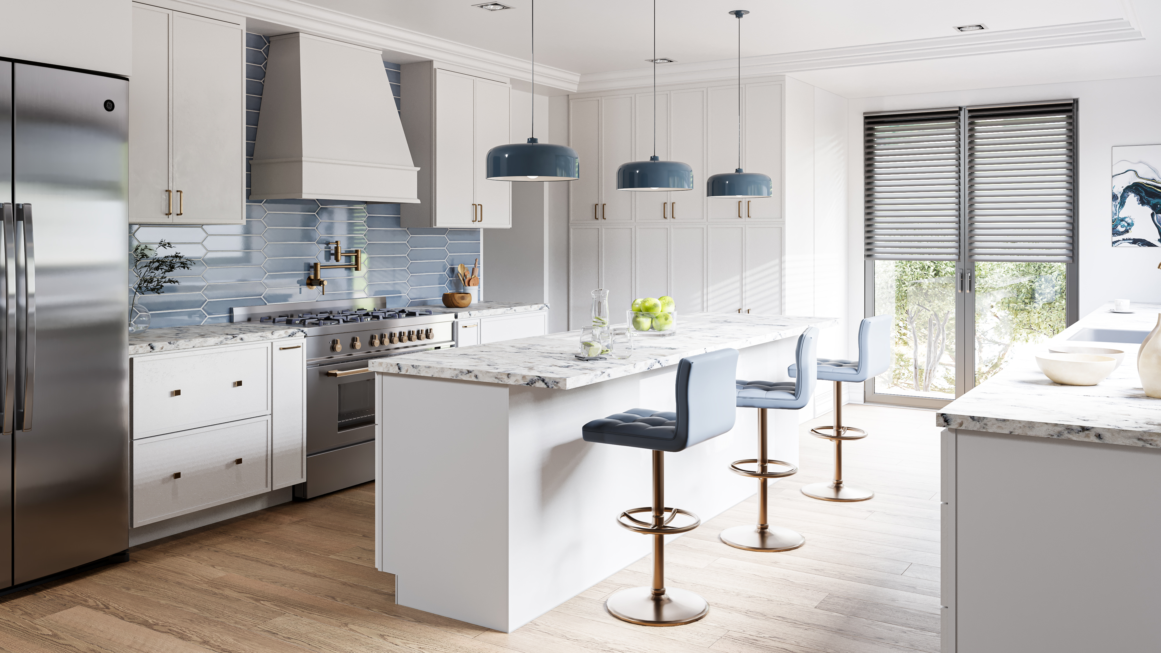 Scandinavian white kitchen cabinets with blue accents
