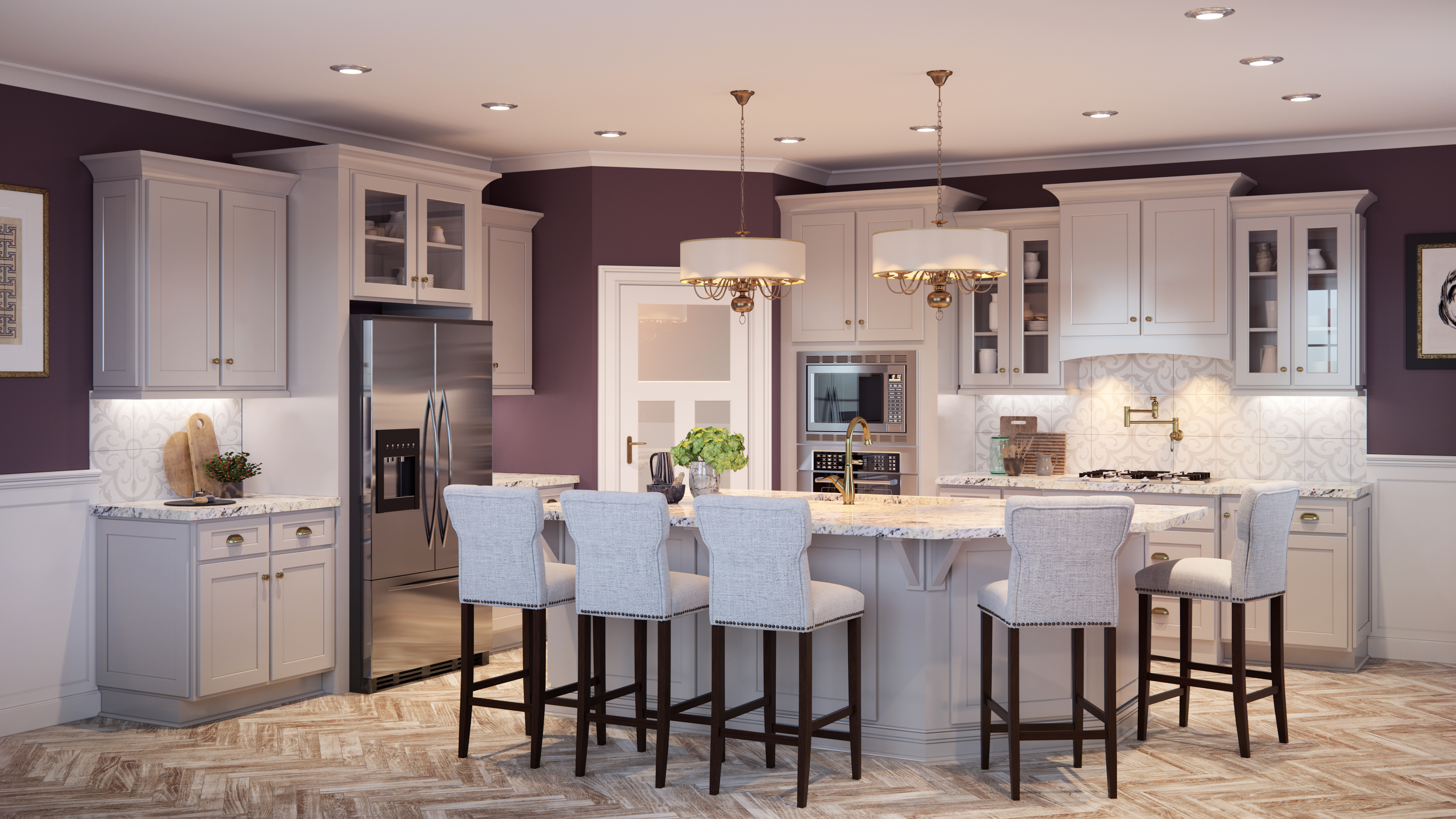 Traditional dove white kitchen cabinets with elegant lighting